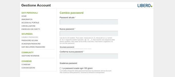 Come cambiare password email Libero