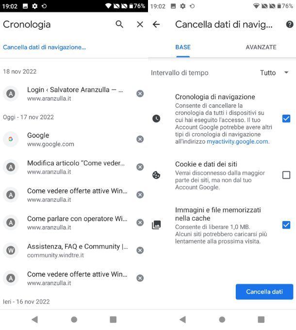 Eliminare cronologia di Google da Google Chrome Android