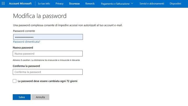 Come cambiare password email Outlook