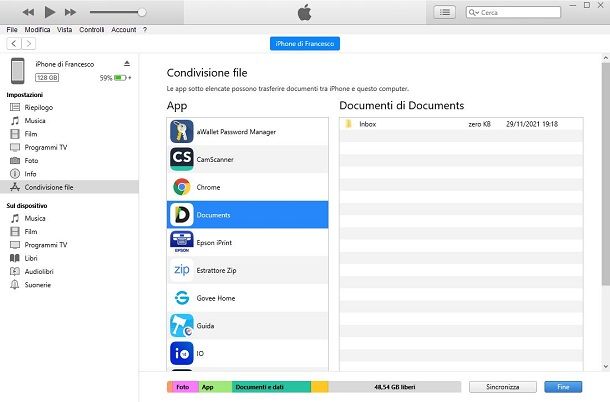 itunes condivisione file