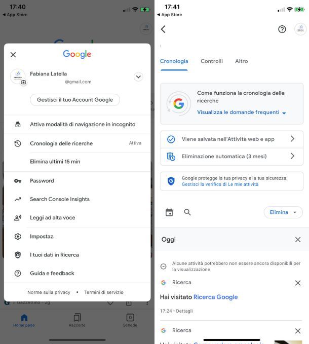 Cancellare cronologia account Google da iOS