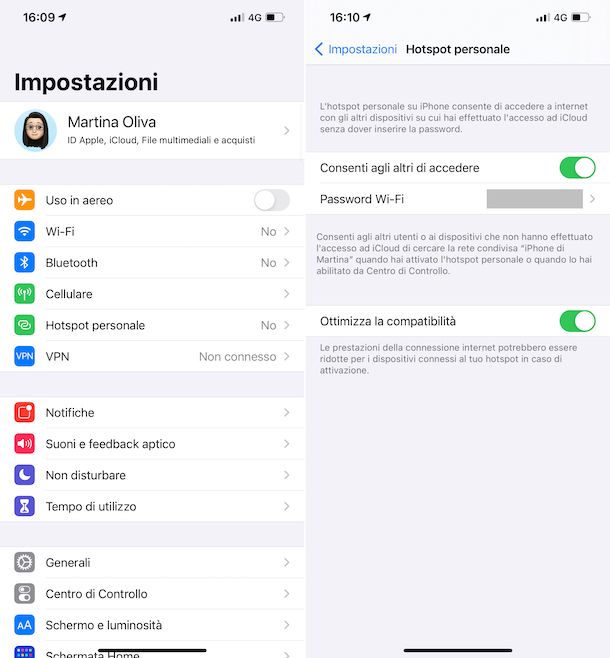 Configurazione hotspot iPhone