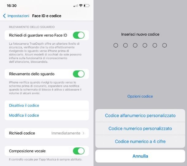 Impostare codice di sblocco iOS