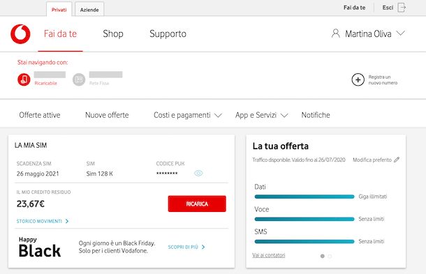 Area clienti Vodafone codice PUK