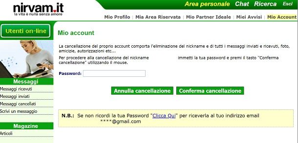 Nirvam: cancellare account