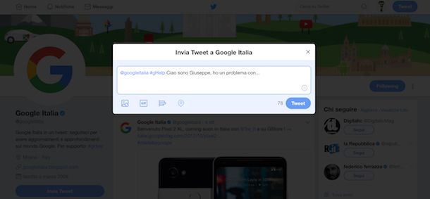 Supporto Google su Twitter