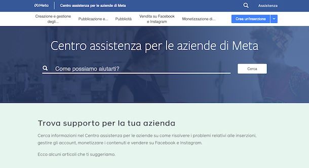 Centro assistenza per le aziende di Meta