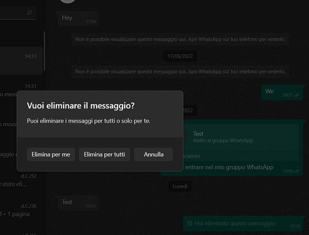 Cancellare messaggi WhatsApp PC