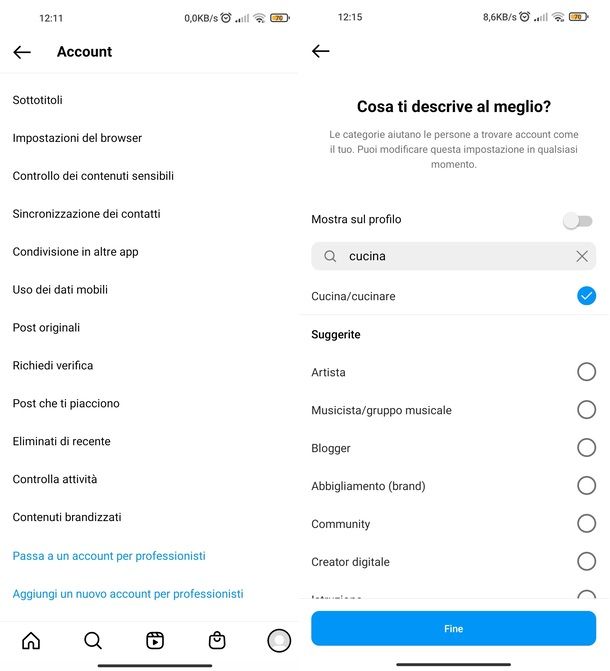 Creare pagina Instagram app Android