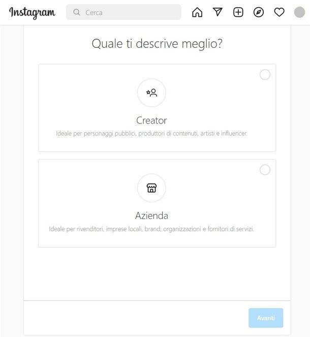 Creare pagina Instagram da sito Instagram