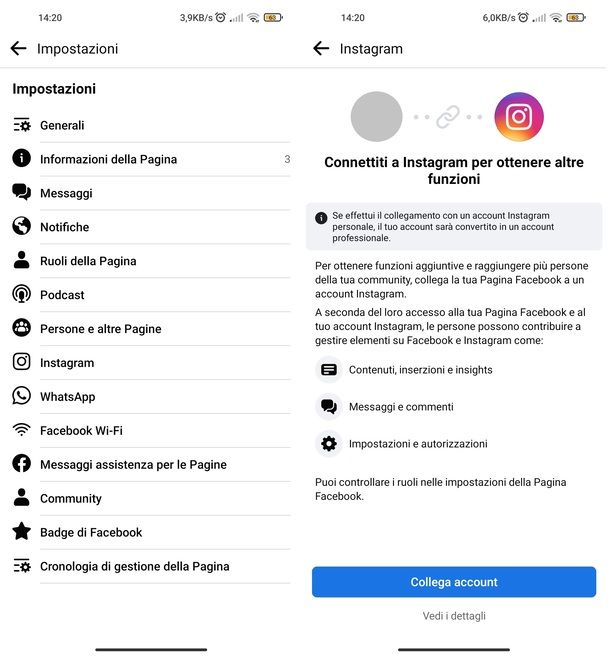 Collegare pagina Facebook a pagina Instagram da app Facebook