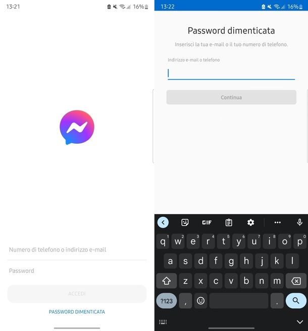 Recupero password Messenger Android
