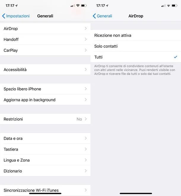 AirDrop Impostazioni iPhone