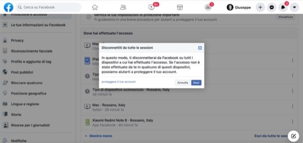 Disconnettersi da Facebook