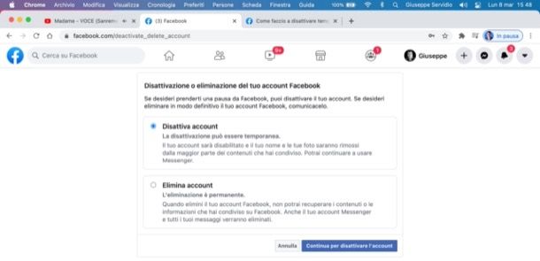Disattivare account Facebook