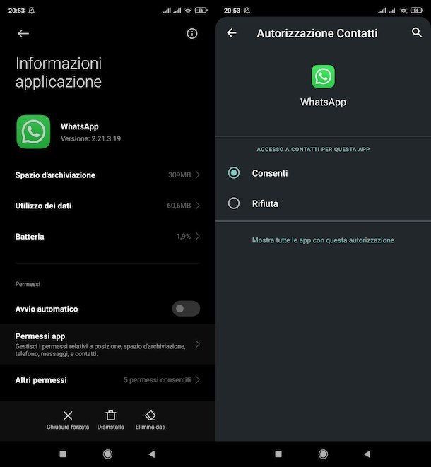 Concedere permessi necessari a WhatsApp