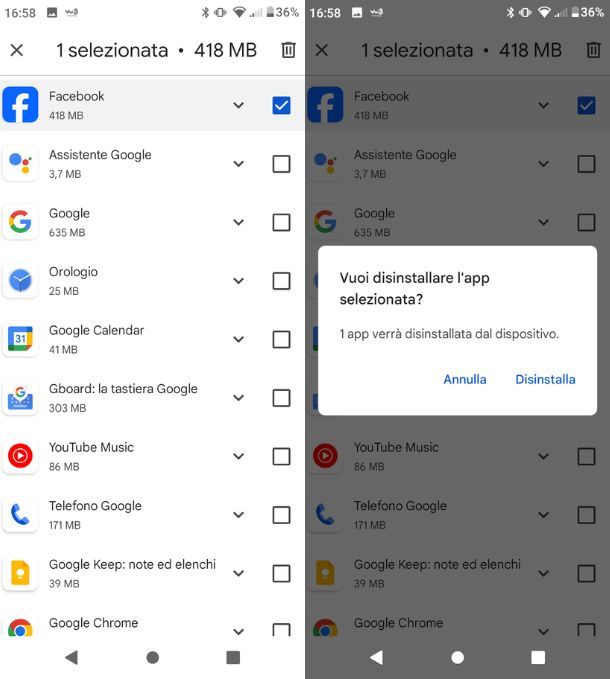 Cancellare app Android