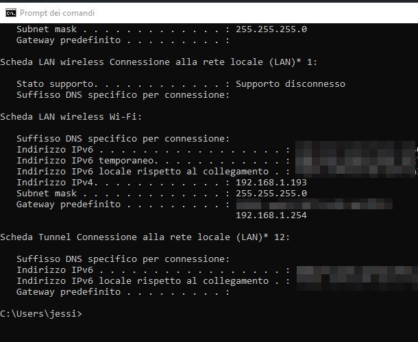 Prompt dei comandi — Gateway predefinito