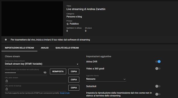Chiave stream YouTube