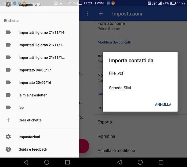 Importazione file .vcf su Android