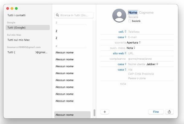 Salvare contatti su Google macOS