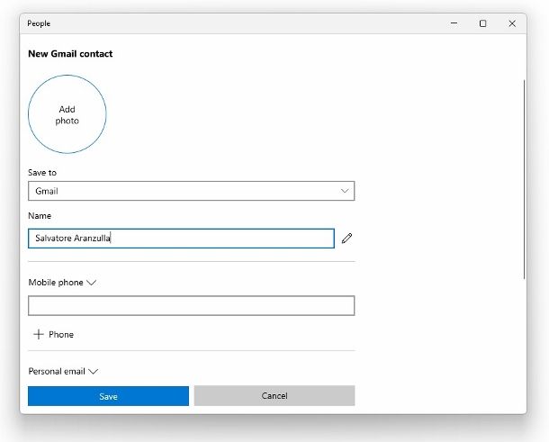 Salvare contatti su Google Windows 11