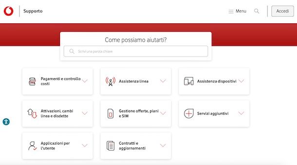 Sito Web Vodafone sezione supporto