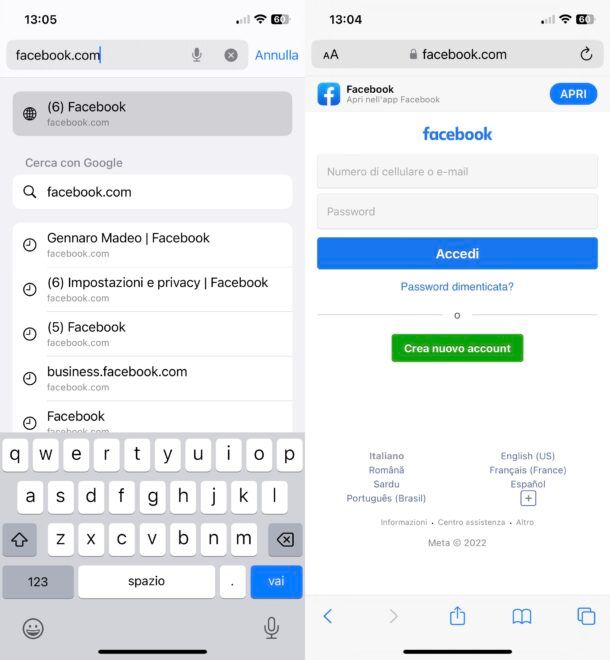 Accedere al proprio account Facebook da browser mobile