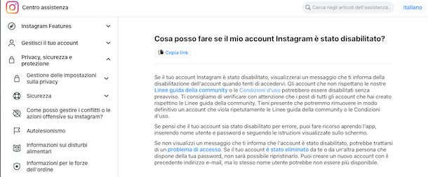 Disabilitazione Instagram per violazioni