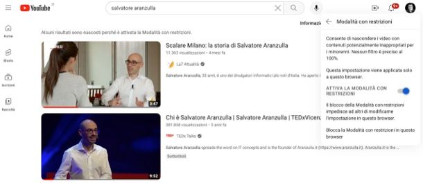 Attivare Modalità con restrizioni di YouTube sul sito desktop di YouTube