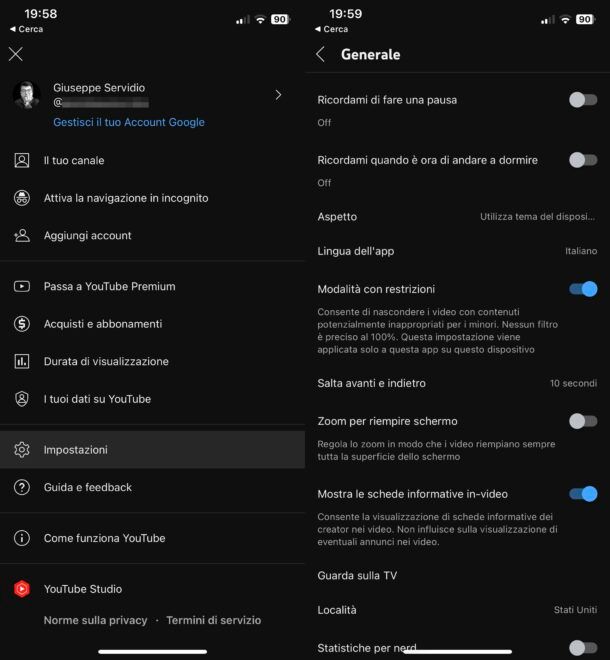 Attivare Modalità con restrizioni di YouTube su iPhone