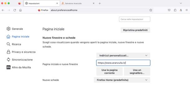 Impostare pagina iniziale Firefox