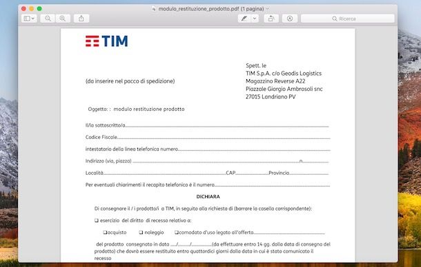 Modulo restituzione modem tim