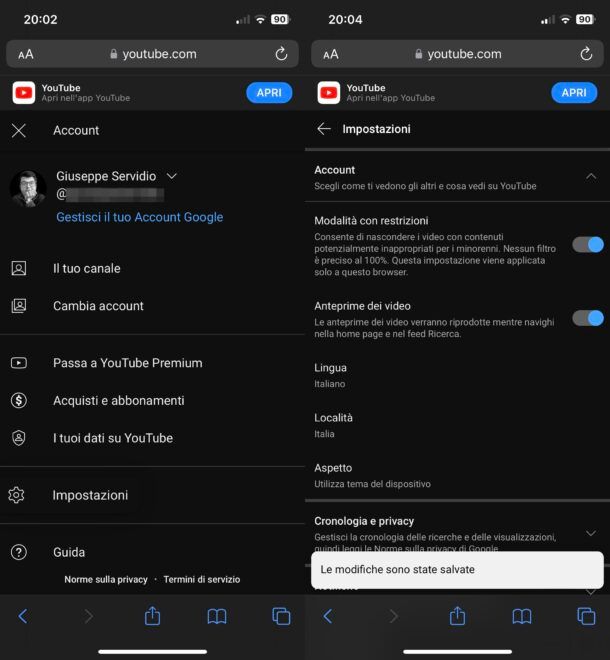 Attivare Modalità con restrizioni di YouTube sul sito mobile di YouTube