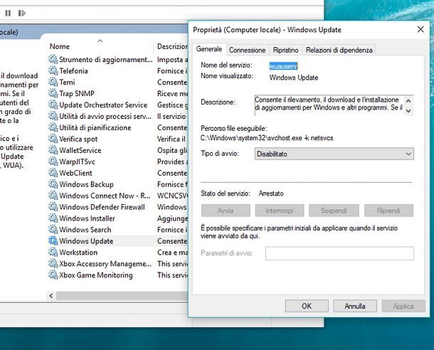 Come disattivare servizio Windows Update