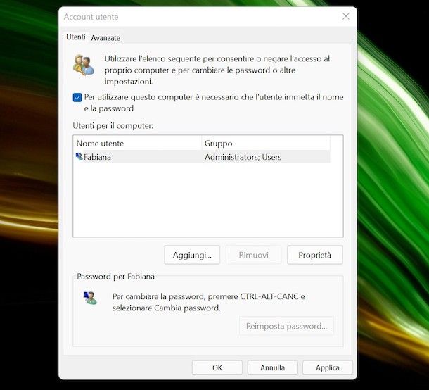 Rimozione password account locale Windows 11