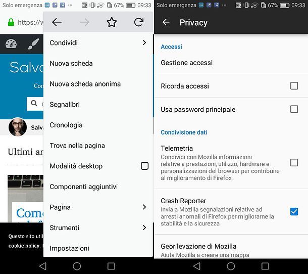 Disattivare salvataggio password Firefox su Android