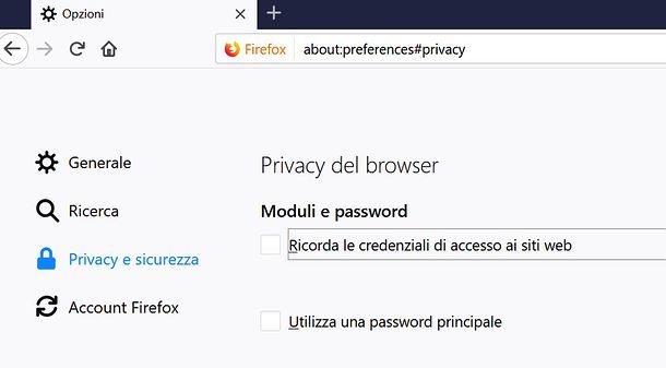 Disattivare salvataggio password Firefox su PC
