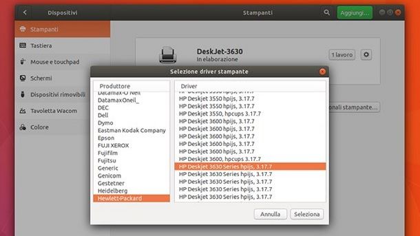 Aggiunta stampante Linux