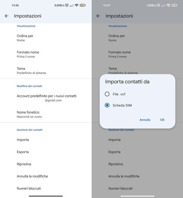 App Contatti Android importazione SIM