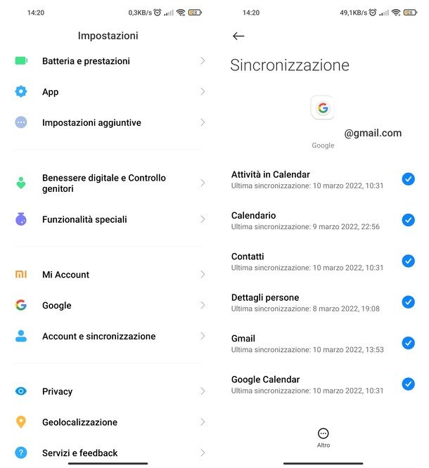 Sincronizzazione contatti account Google Android