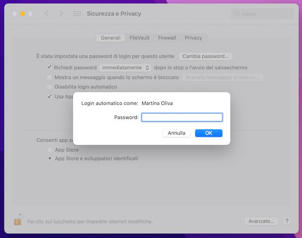 Impostazioni password account Mac