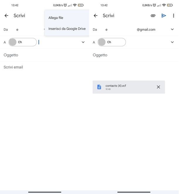 Inviare file VCF tramite app Gmail