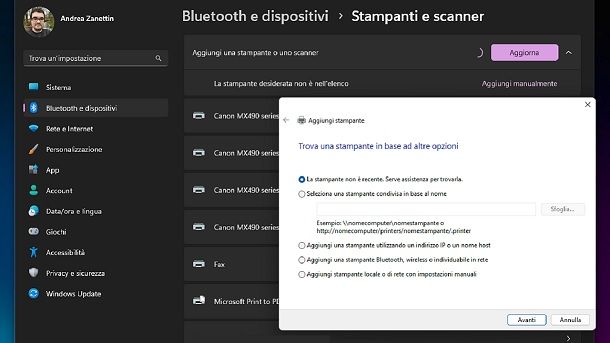 Aggiungere manualmente una stampante Windows 11