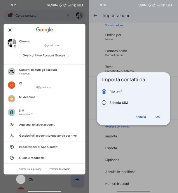 Importare VCF app Contatti Google