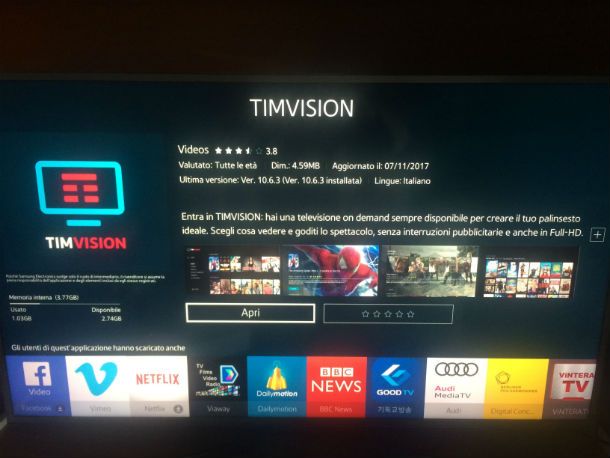 app timvision su smart tv samsung