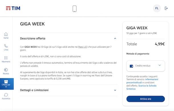 Offerte Giga tramite sito Web TIM