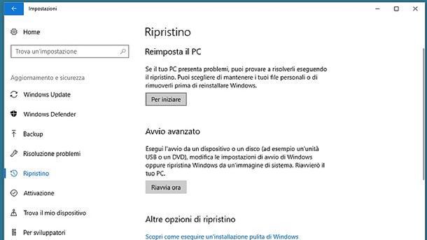 Come reimpostare PC Windows 10