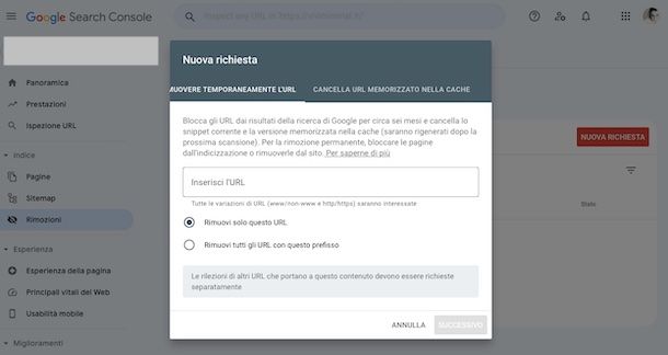 Google Search Console rimozione URL