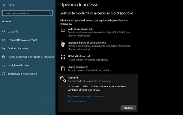 Come cambiare suggerimento password Windows 10